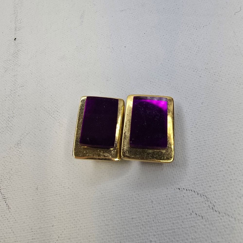 Vintage Gold Tone Purple Resin Clip On Earrings Rectangular Jewelry‎